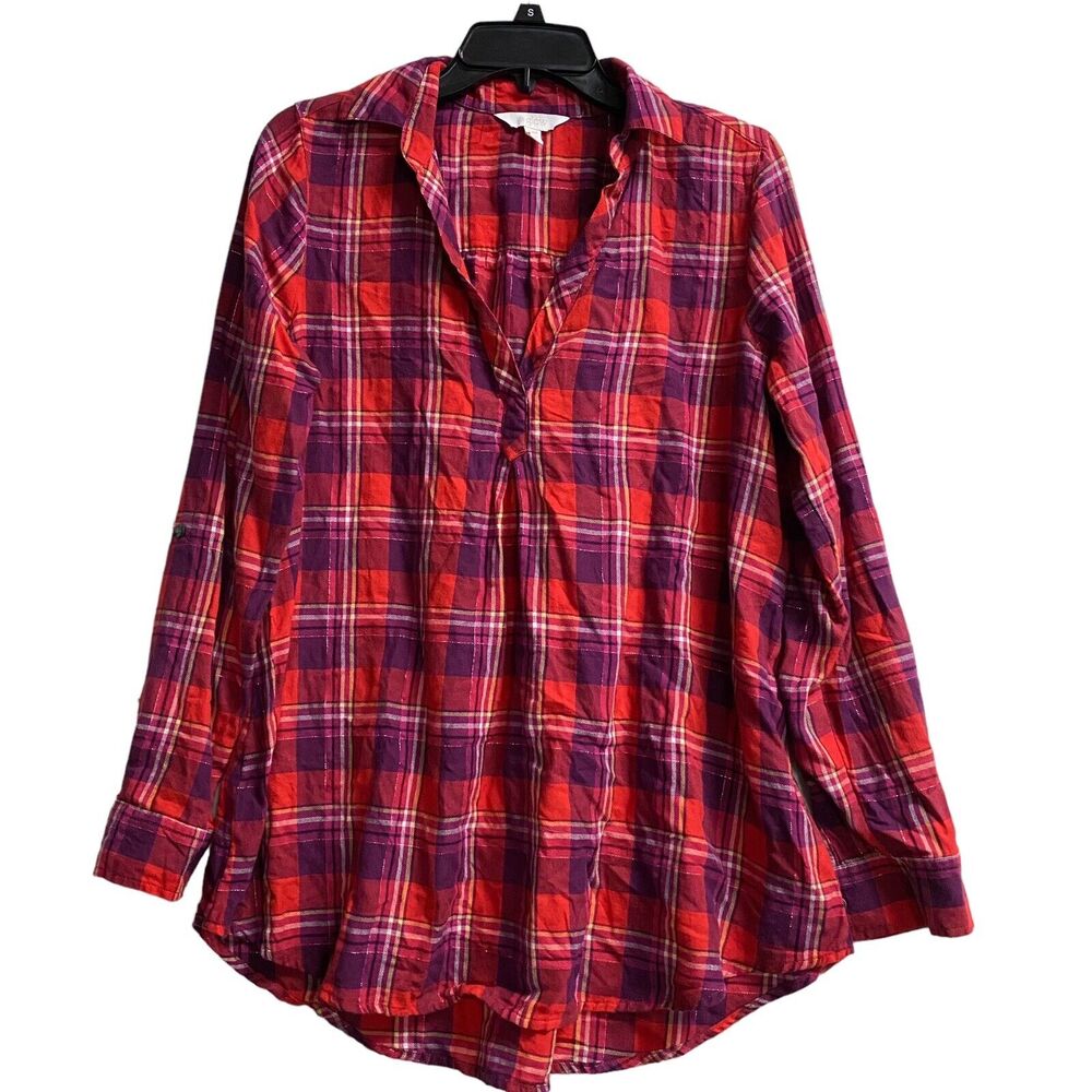 a:glow Medium maternity top plaid flannel red purple soft roll-up sleeves vneck